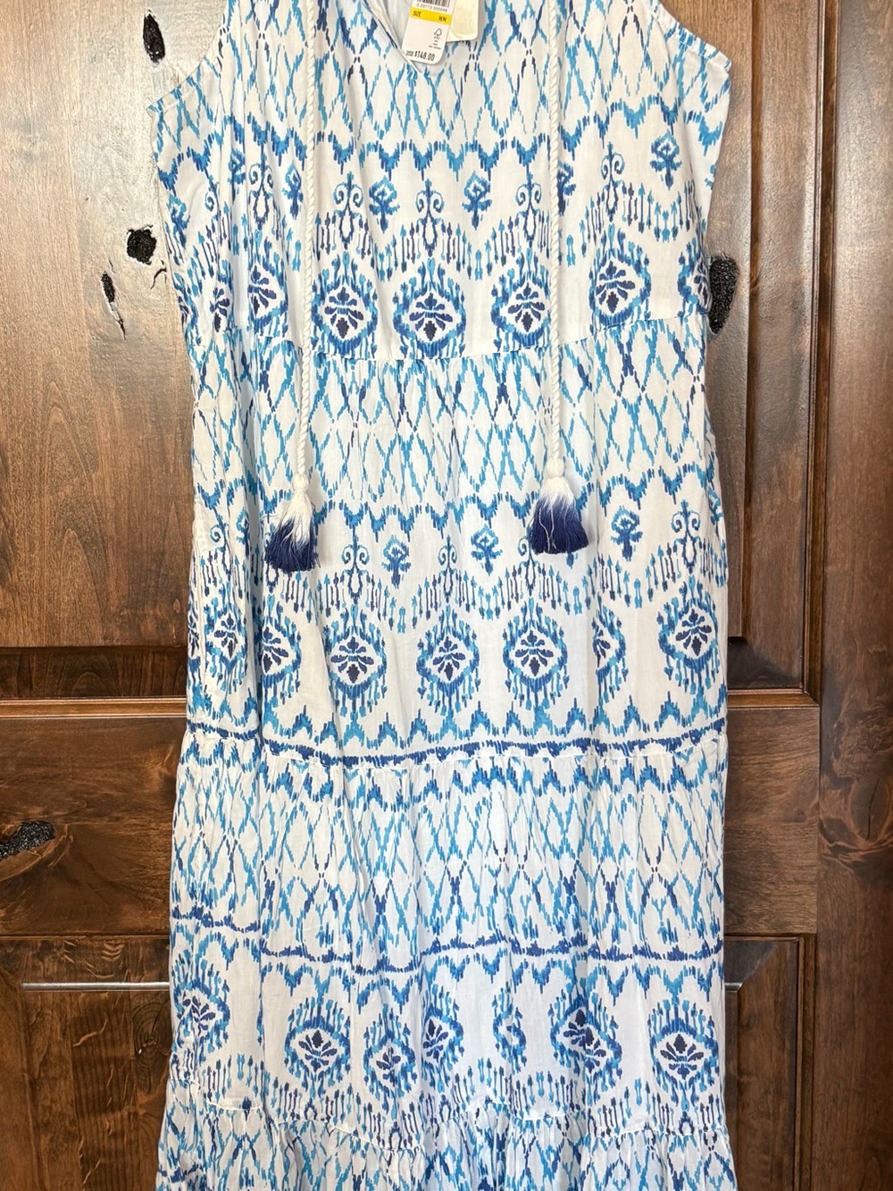 Tommy Bahama White & Blue Sleeveless Printed Maxi Dress with Tassels
